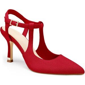 Coutgo Women's Red 1 Pointed Toe Ankle Strap Patent Leather Stiletto High Heels